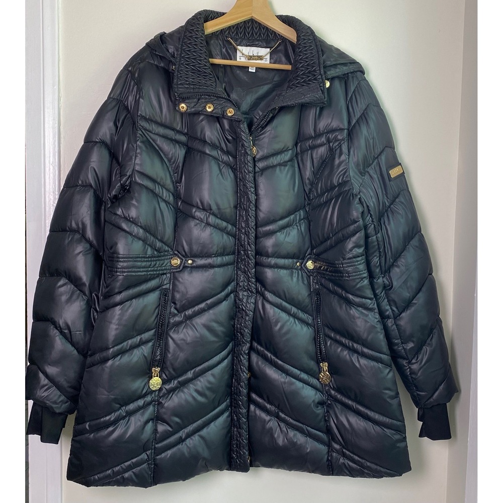 Nicole Miller Studio Puffer Jacket Womens 1XL Black Quilted Hooded Winter Coat